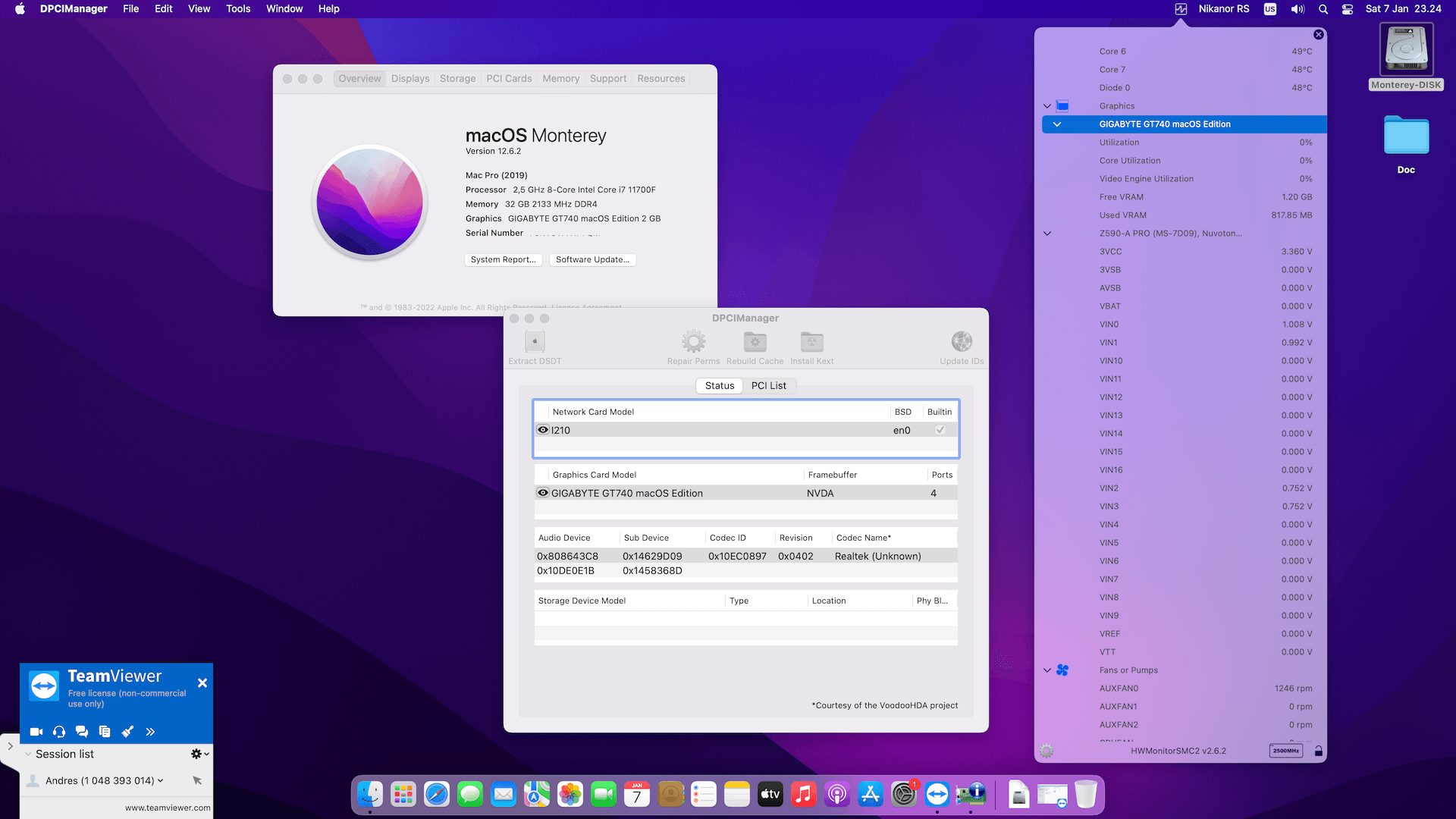 Success Hackintosh macOS Monterey 12.6.2 Build 21G320 in MSI Z590A-PRO + Intel Core i7 11700F + Gigabyte GT 740